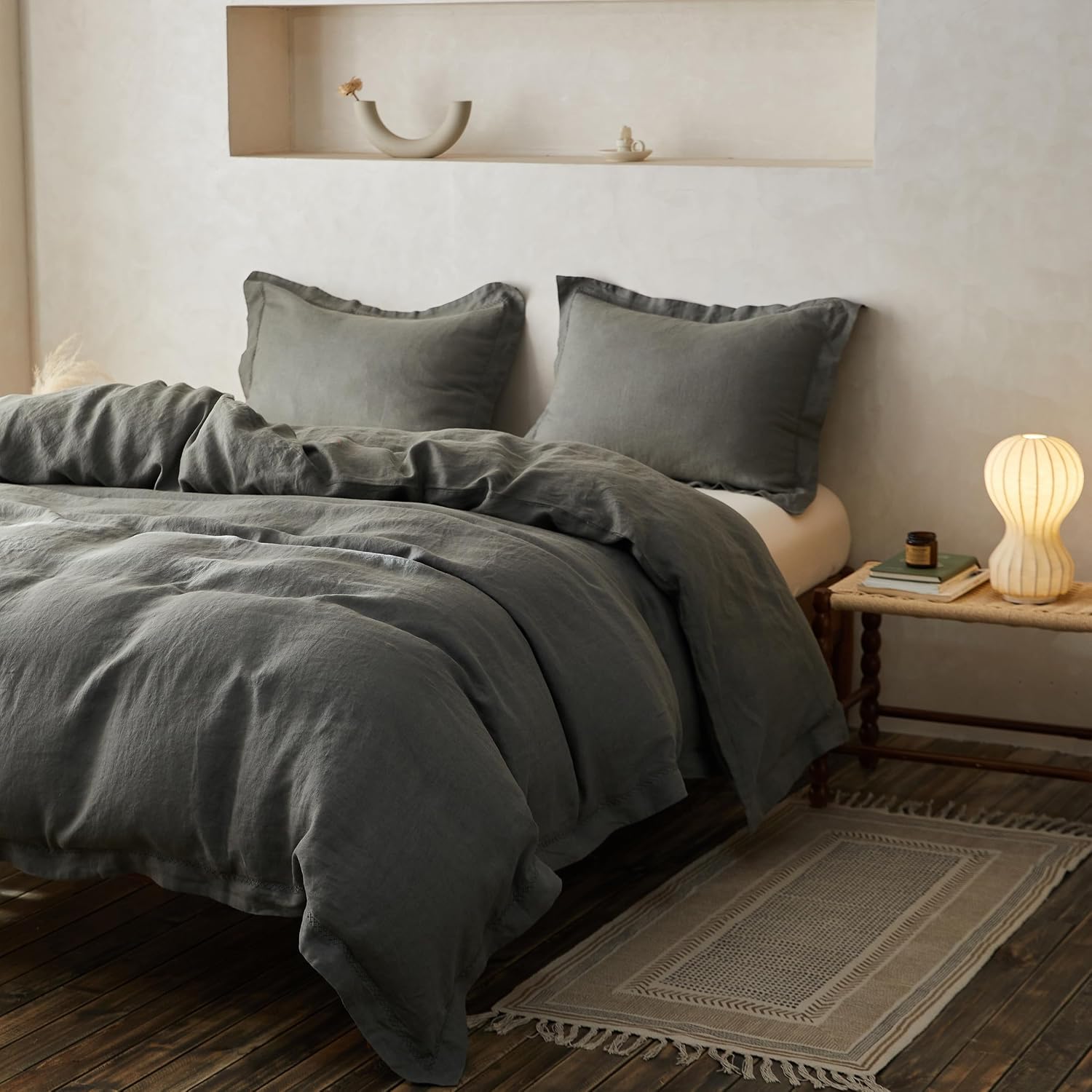 Simple&Opulence 100% Linen Duvet Cover Set with Crossed Embroidery Washed - 3 Pieces (1 Duvet Cover with 2 Pillow Shams) Soft Breathable Farmhouse - Cushing Green, Queen Size