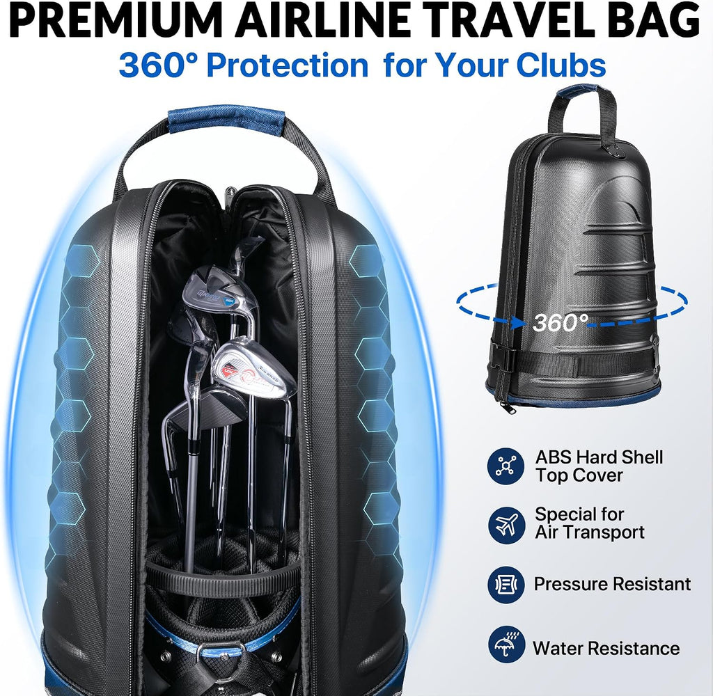 Golf Travel Bag for Airlines, Hard Shell Top Golf Travel Case with Wheels, Heavy Duty 1680D Oxford Fabric, Reinforced Base, Oversized Tank Wheels, Built-in TSA Lock, Water-Resistant Zippers