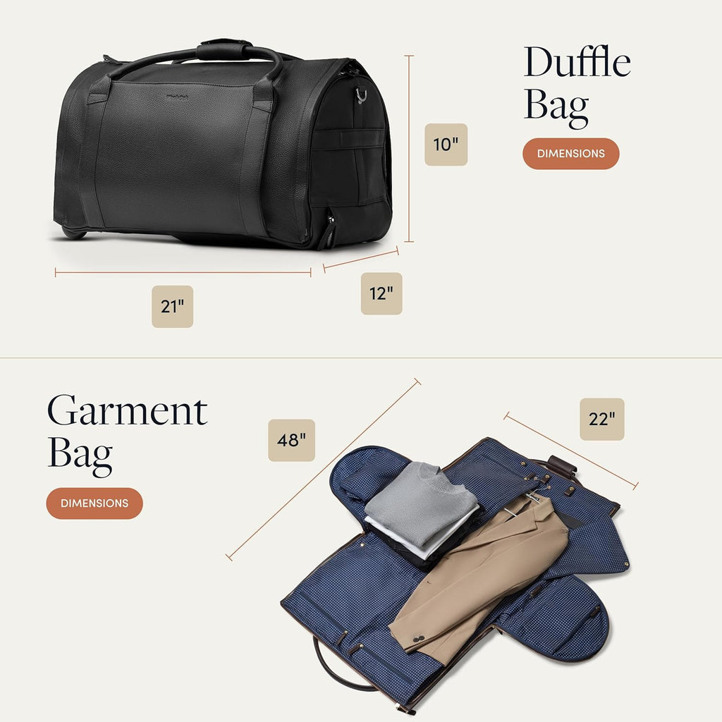 Wool & Oak - NOVA Large Duffle Bag with Wheels - Carry On Garment Duffle Bags for Travel, Overnight, & Hospital - Travel Bags for Women & Men with Shoe Compartment, Tech Pocket (Leather, Jet Black)
