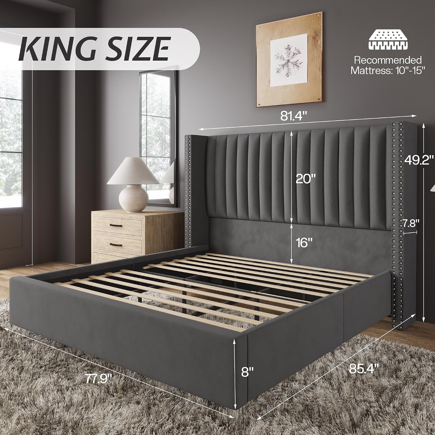 Jocisland King Bed Frame with 49.2' Tall Wingback Headboard, Velvet Upholstered Platform Bed, No Box Spring Needed, Noise-Free, for Family with Kids, Pet Owners & Master Bedroom, Grey