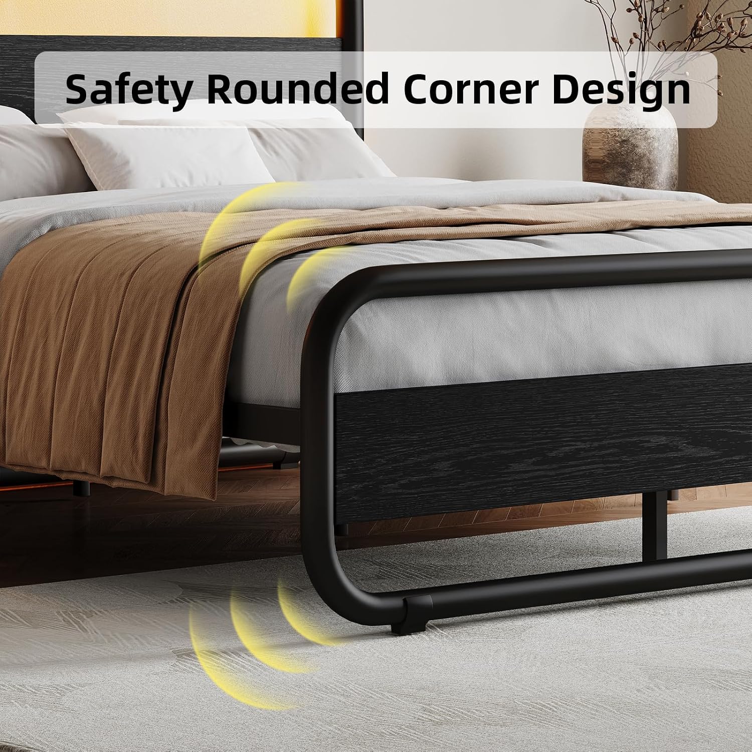 Catrimown King Size Bed Frame, Heavy Duty Metal Rustic King Platform Bed Frame with Wood Headboard, Under Bed Storage, Noise Free, No Box Spring Needed, Black