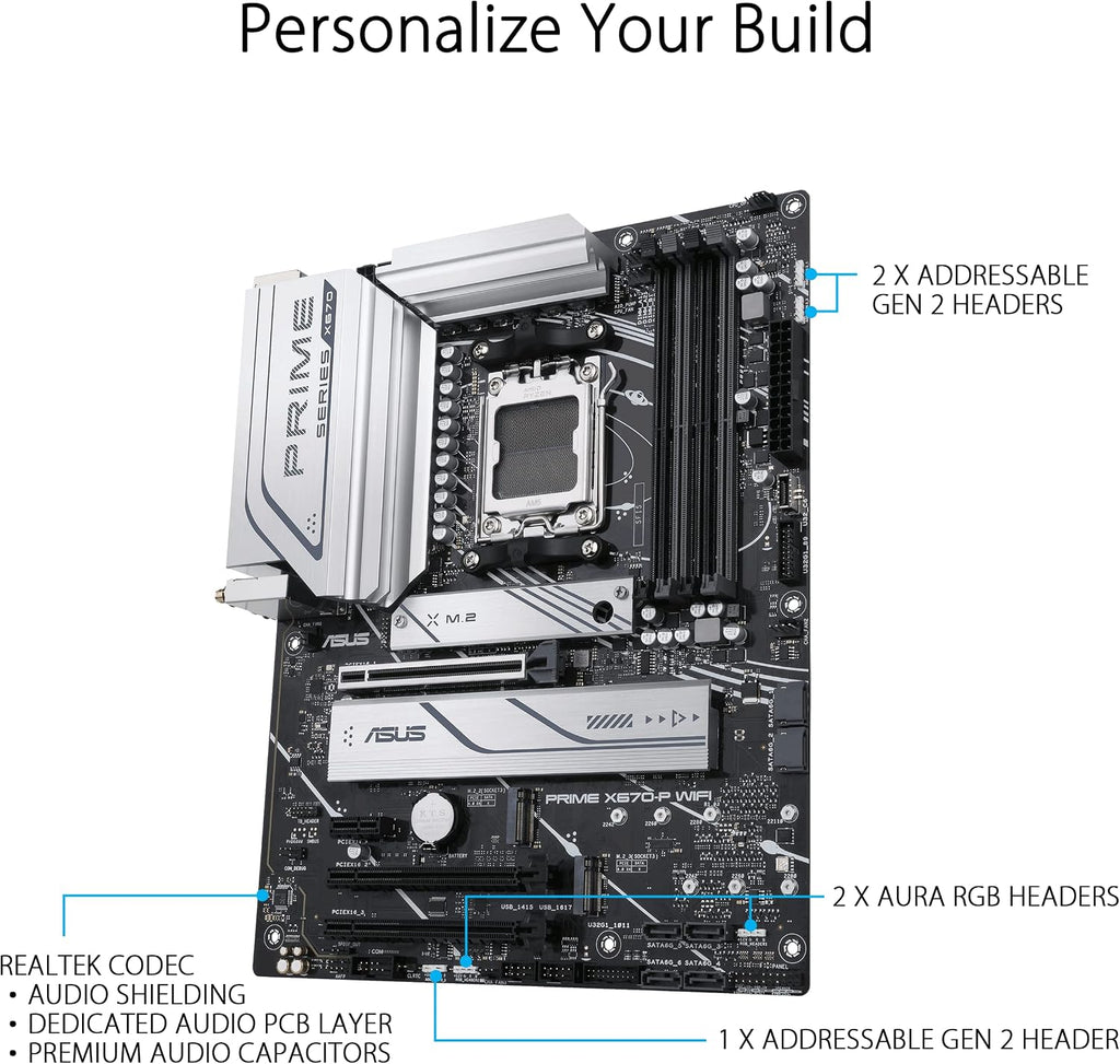 ASUS Prime X670-P WiFi AMD X670 AM5 Ryzen™ Desktop 9000 8000 & 7000 ATX Motherboard with Three M.2 Slots, DDR5, USB 3.2 Gen 2x2 Type-C®, USB4® Support, WiFi 6 and 2.5Gb Ethernet