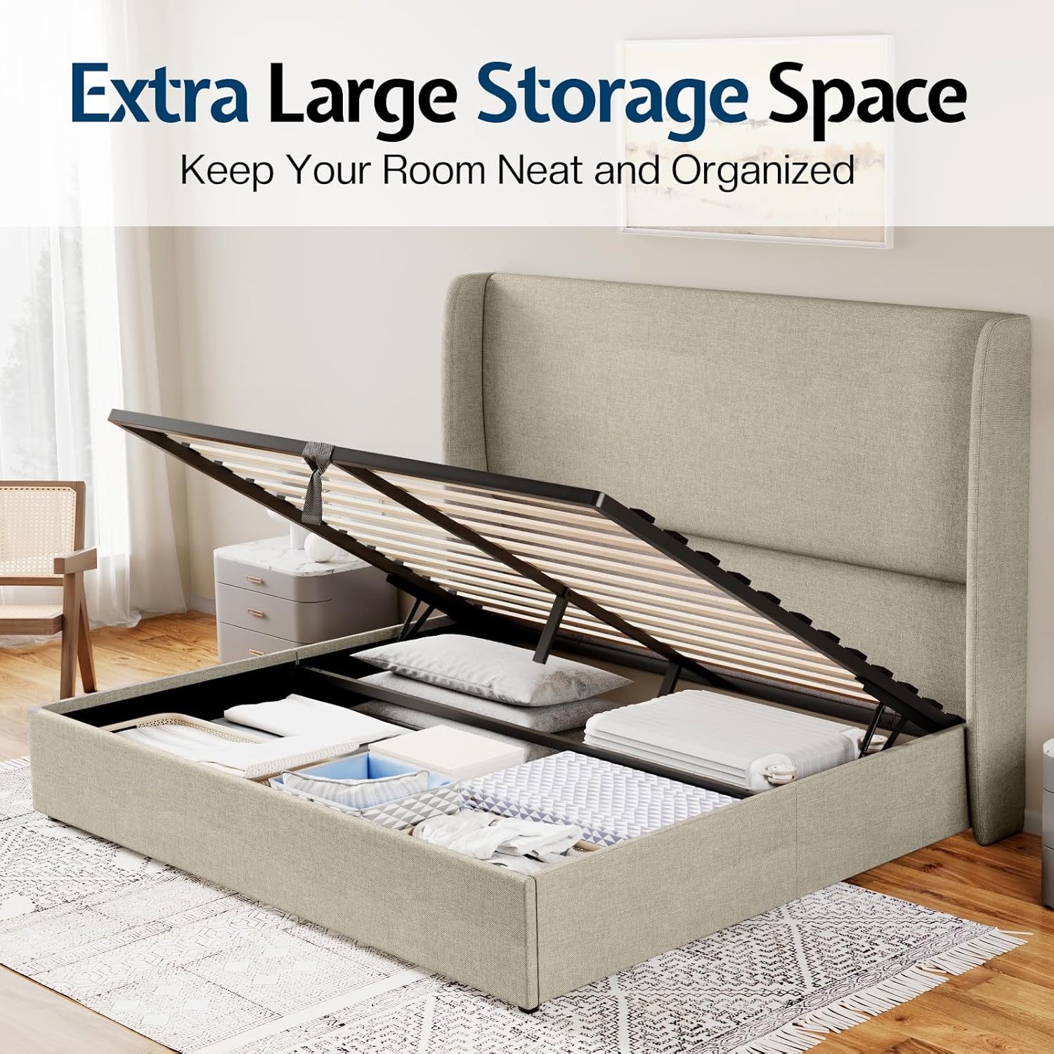 Jocisland Queeen Size Upholstered Platform Bed Frame with Hydraulic Lift Storage, Wingback Headboard, Wood Slats Support, No Box Spring Needed, Linen Off Khaki