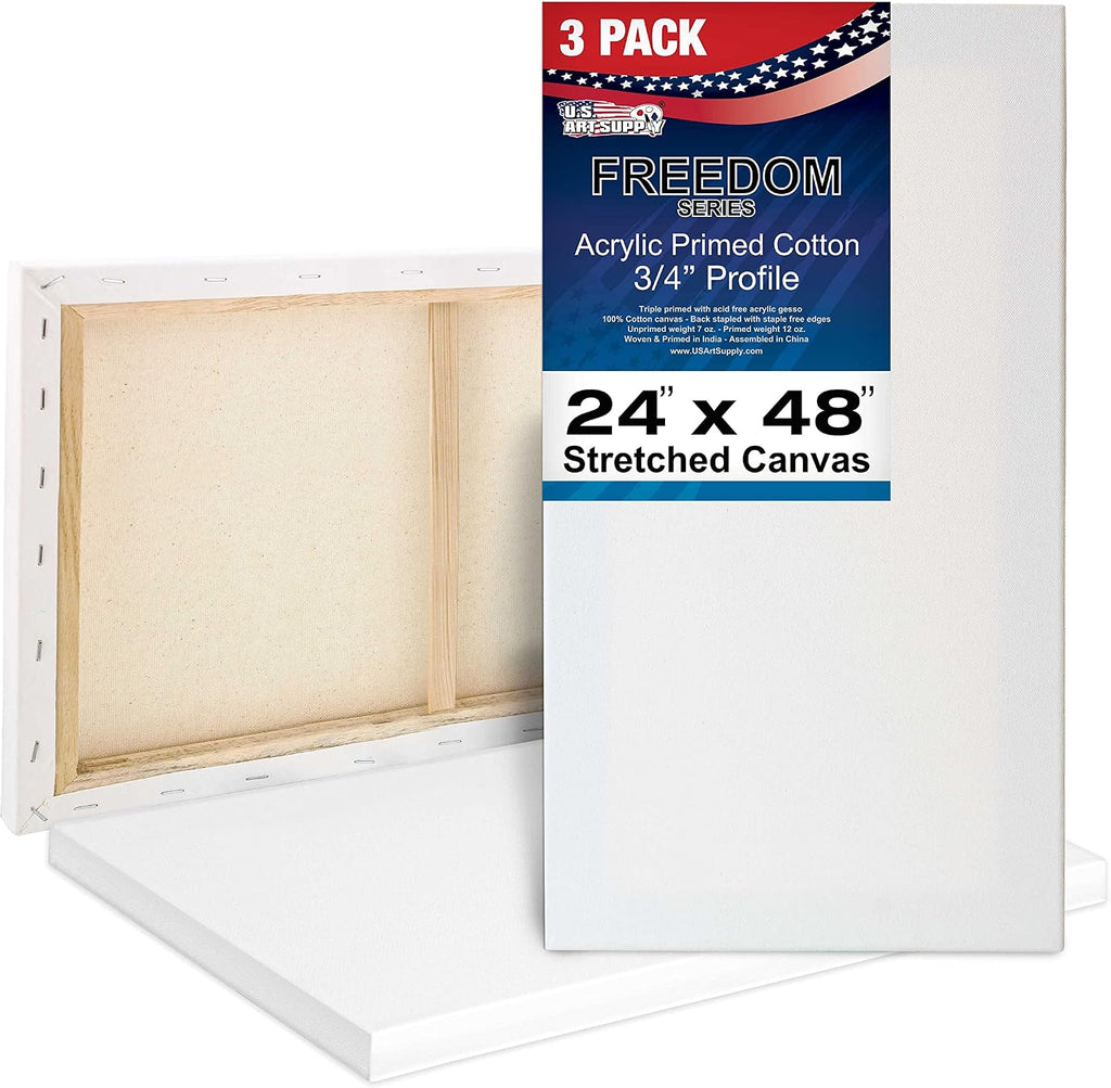 U.S. Art Supply 24 x 48 inch Stretched Canvas 12-Ounce Primed 3-Pack - Professional White Blank 3/4' Profile Heavy-Weight Gesso Acid Free Bulk Pack - Painting, Acrylic Pouring, Oil Paint