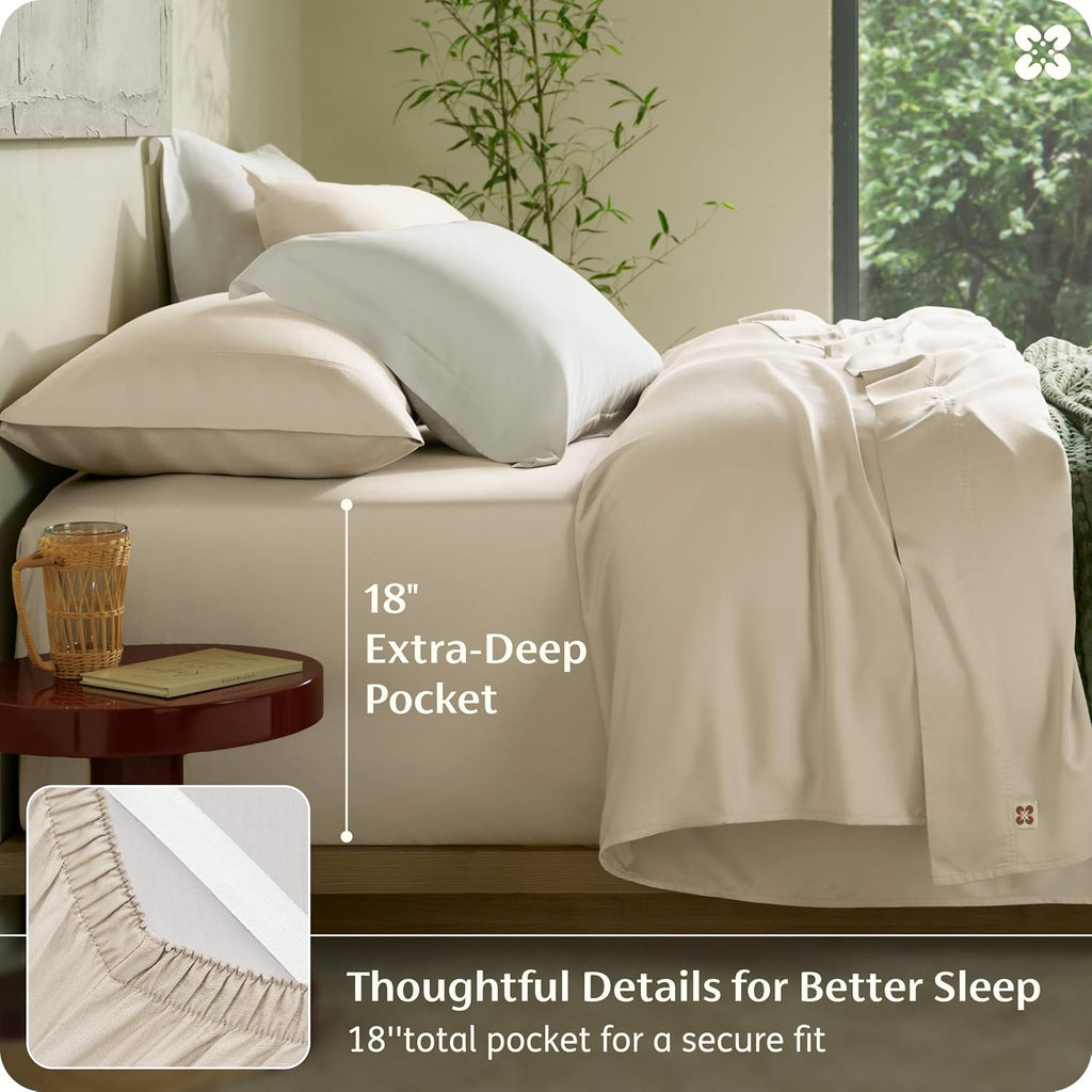Bedsure 100% Organically Grown Bamboo Viscose King Size Sheets Set | Cooling Bedsheets for Hot Sleepers | Luxury Silky Soft | 18' Deep Pocket with Corner Straps | Oeko-Tex Certified [Beige]