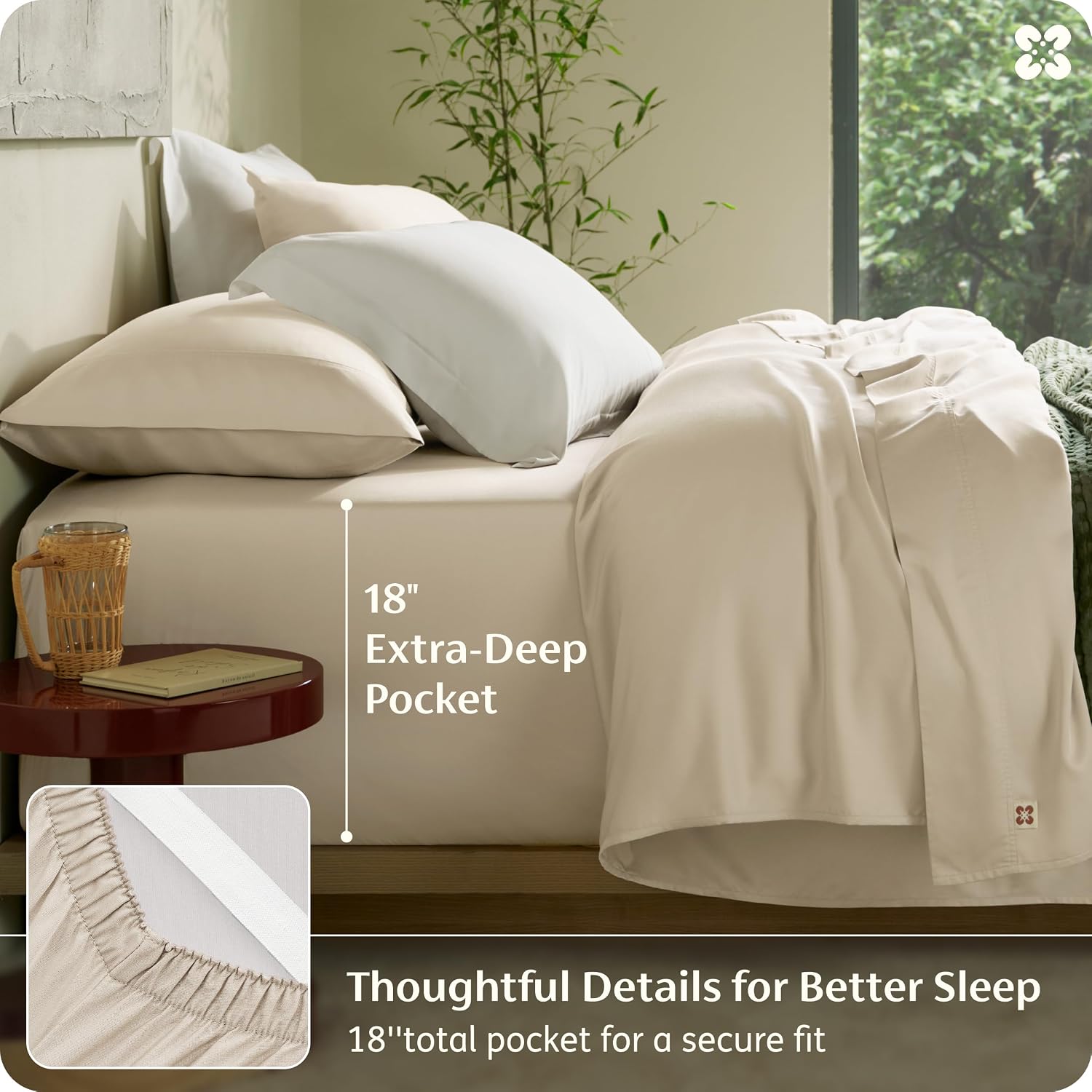 Bedsure 100% Organically Grown Bamboo Viscose King Size Sheets Set | Cooling Bedsheets for Hot Sleepers | Luxury Silky Soft | 18' Deep Pocket with Corner Straps | Oeko-Tex Certified [Beige]