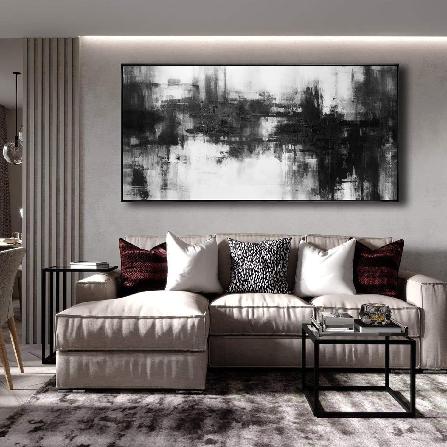 Abstract Wall Art Large Size Framed Home Artwork Decor Black and White Modern Minimalist Canvas Painting Living Room Decor for Bedroom Office Wall Decor 29'x58'