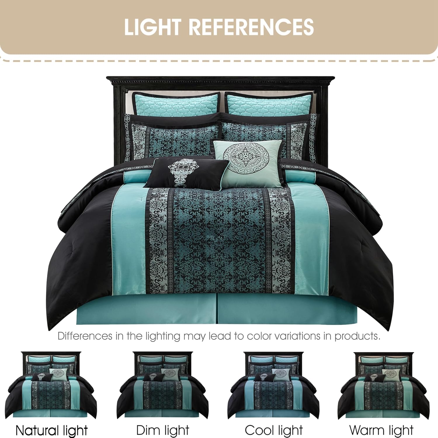 Stratford Park Black & Teal Comforter Set California King Size, Classic Jacquard Bedding Sets, Faux Silk, Premium Microfiber, 12 Pieces Bed in a Bag, Matching Fitted Sheet, Flat Sheet