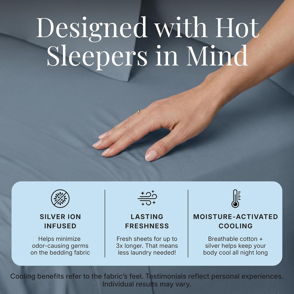 Miracle Made Breathable Cotton Bed Sheets, 4-Piece Set – Silver-Treated, Soft and Cool-to-the-Touch Lightweight Bedding Designed for Hot Sleepers – Queen Size, Slate Blue