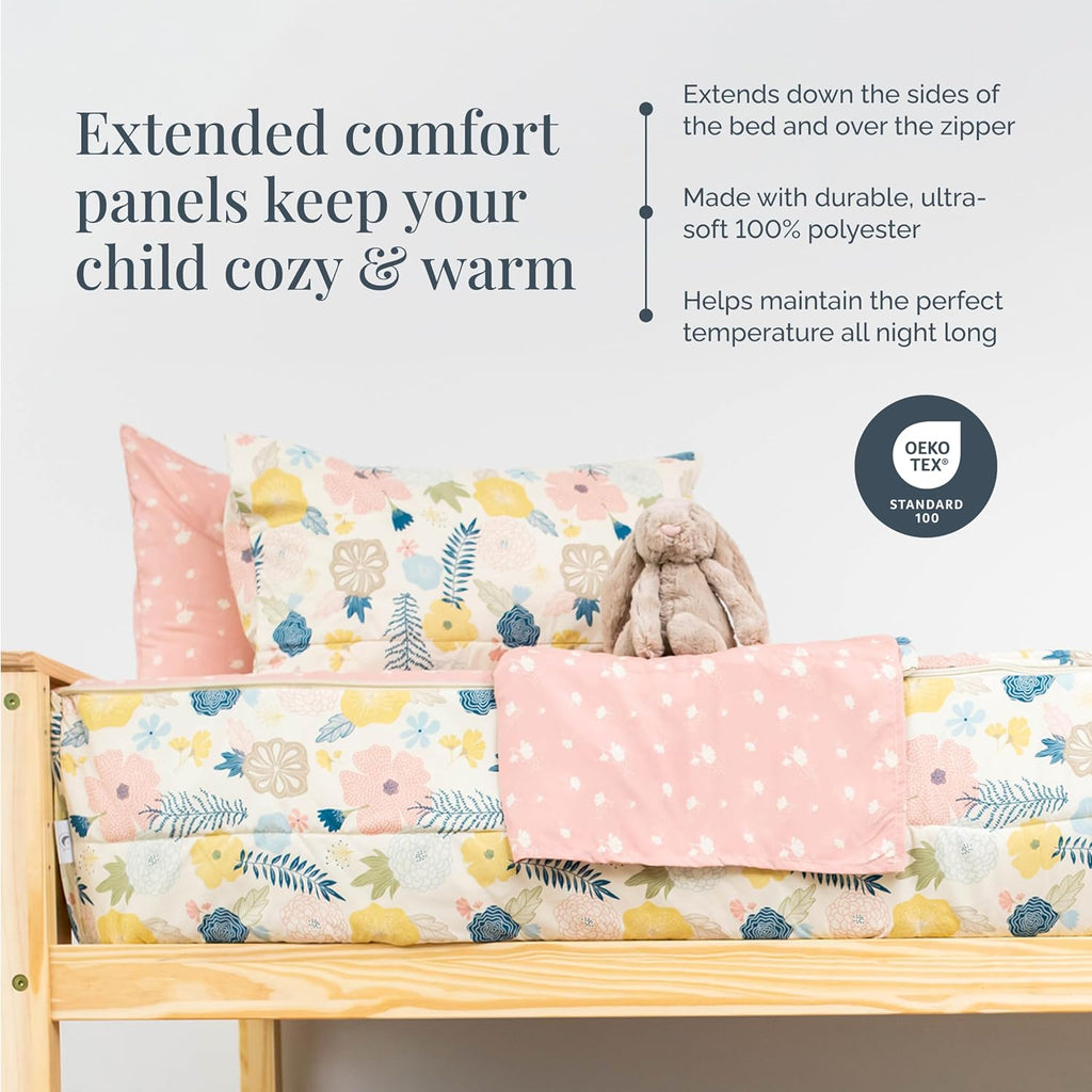 Beddy's Flower Blossoms Durable Zipper Bedding for Kids - Bed in a Bag - Pink Floral Sheets and Comforter - Includes Pillowcase & Sham - Easy to Make & Wash - Twin