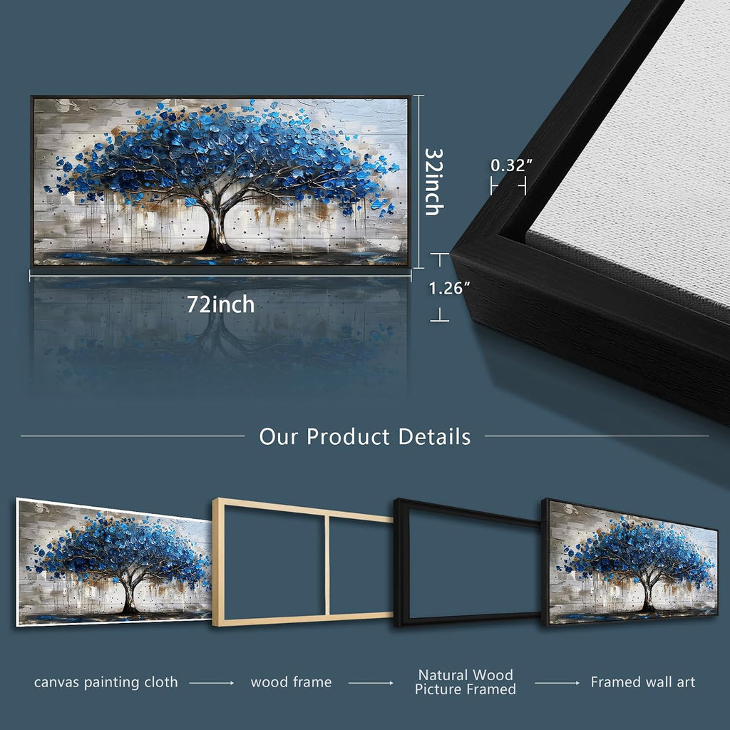 Lapremoly Framed Wall Art For Living Room Tree of Life Canvas Prints Extra Large Wall Decorations Blue Artwork For Walls Forest Pictures Abstract Paintings for Bedroom Office Modern Home Decor 32X72