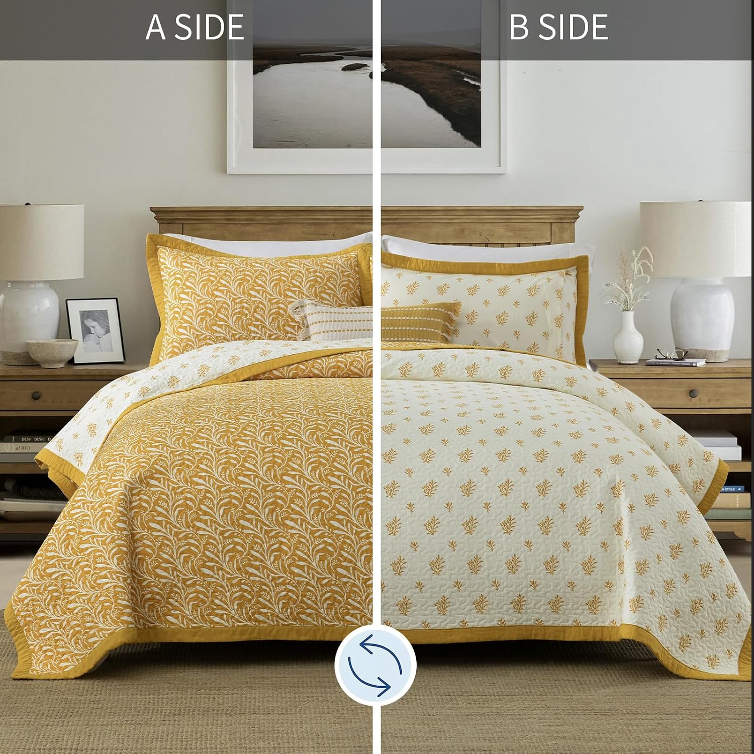 SahSahCasa Quilt Set King Size, 100% Cotton Quilt Bedding Set Bedspread, Botanical Pattern Solid Color Chic Lightweight Quilted Comforter for King Bed, Mustard Yellow, All Season, 3 Pieces