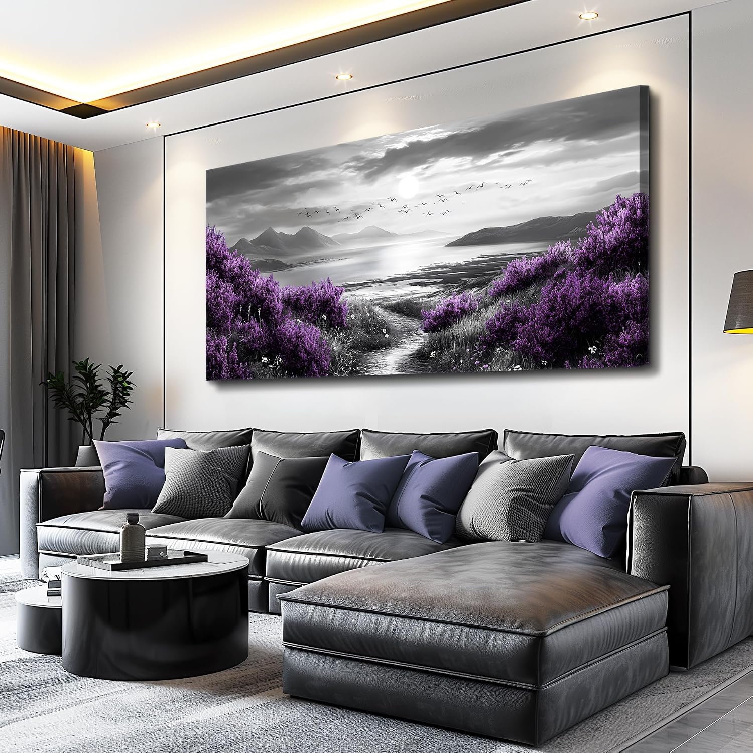 FUHAIHUA Canvas Wall Decor for Office Large Wall Art for Living Room Modern Bedroom Wall Decoration Purple Flowers Landscape Pictures Black and White Scenery Paintings Artwork Aesthetic Home Decor