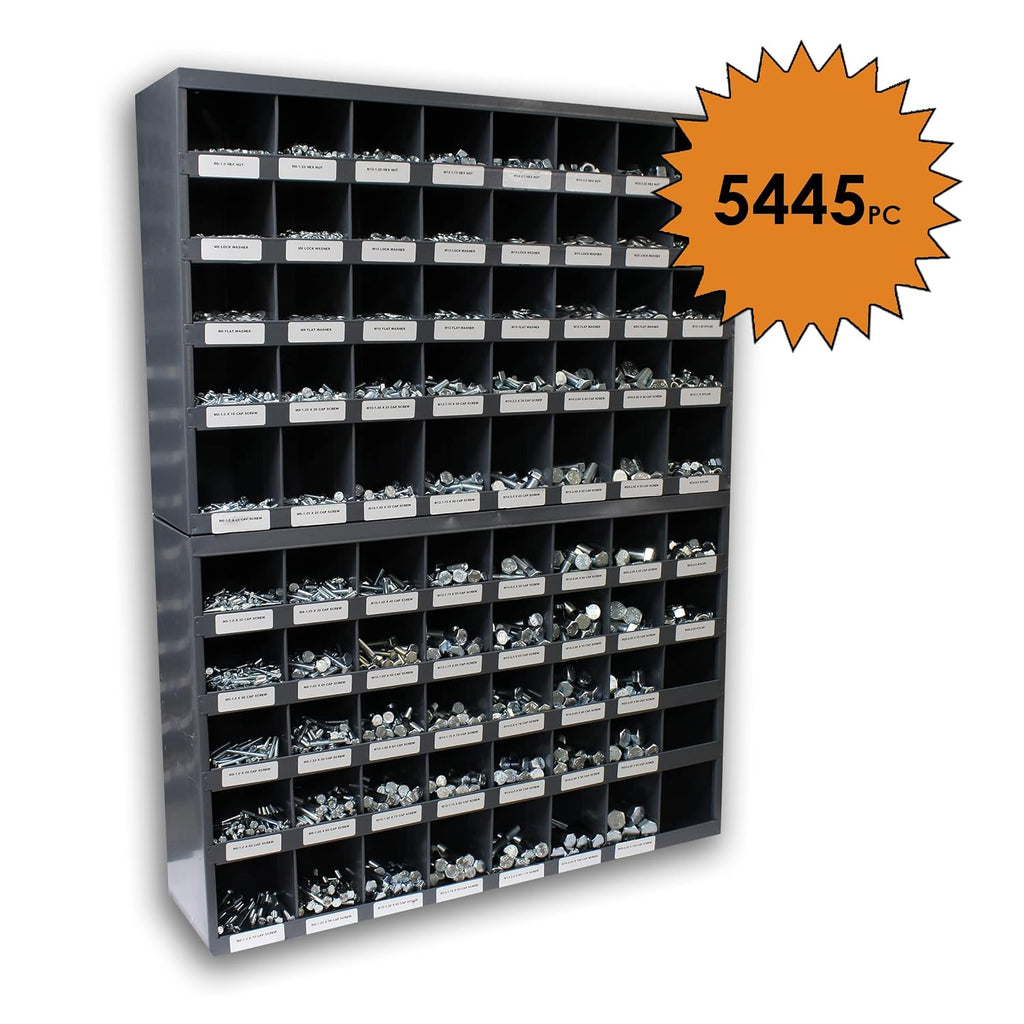 Titan Industrial Supply- 5,445 pcs Grade 5 Coarse Hardware Assortment Kit with Hex Cap Screws, Hex Nuts, Nylon Locknuts, Washers, & Two Durham 40 Hole Metal Bin