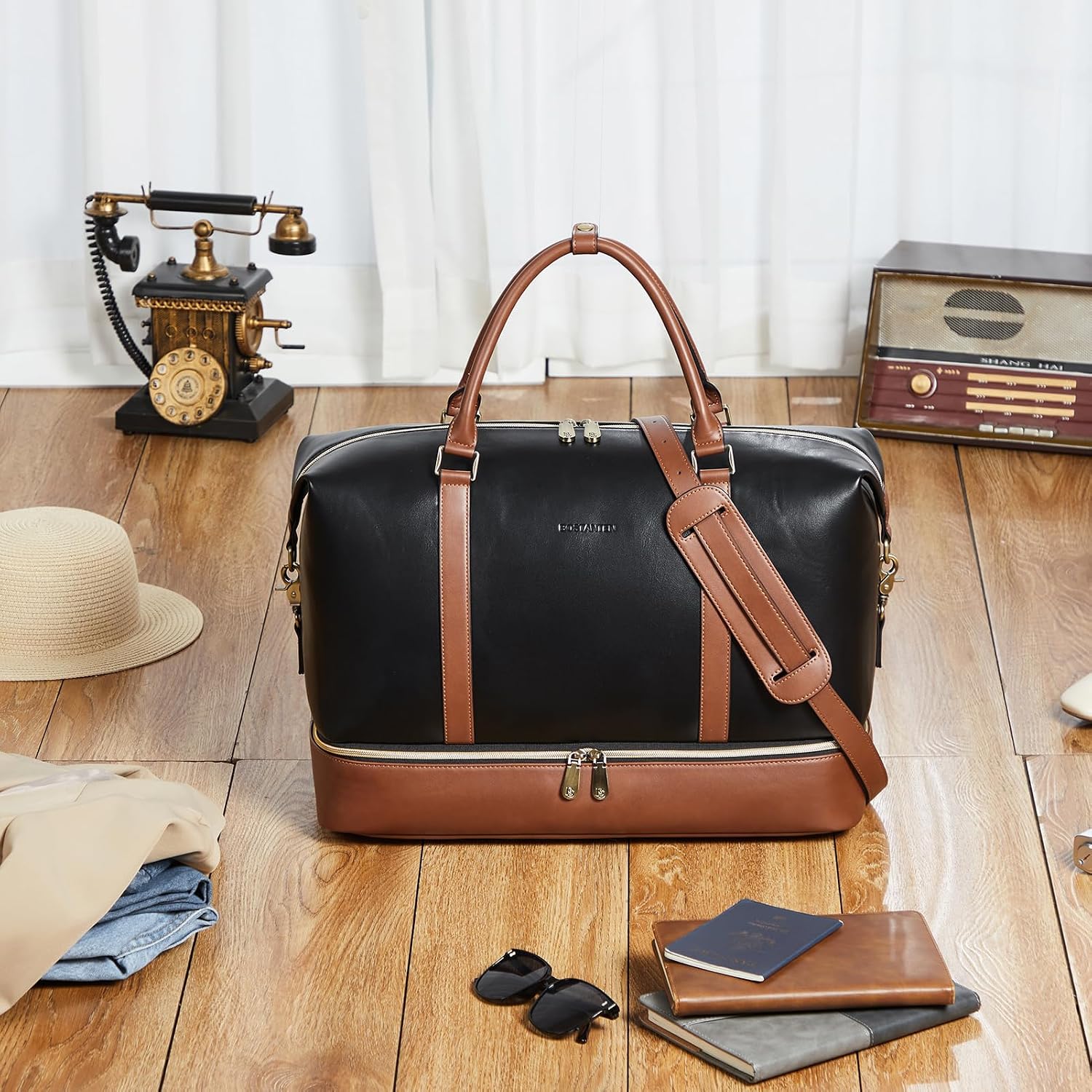 BOSTANTEN Weekender Bags for Women Leather Travel Duffle Bag Carry On Overnight Duffel with Shoe Compartment