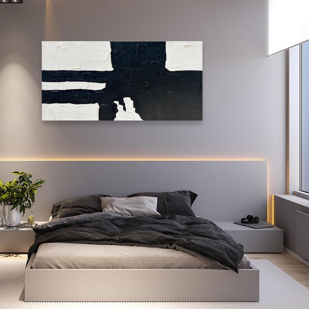NANKAI Hand-Painted Black and white minimalist style abstract art painting for large-scale wall decoration, 30x60 inches