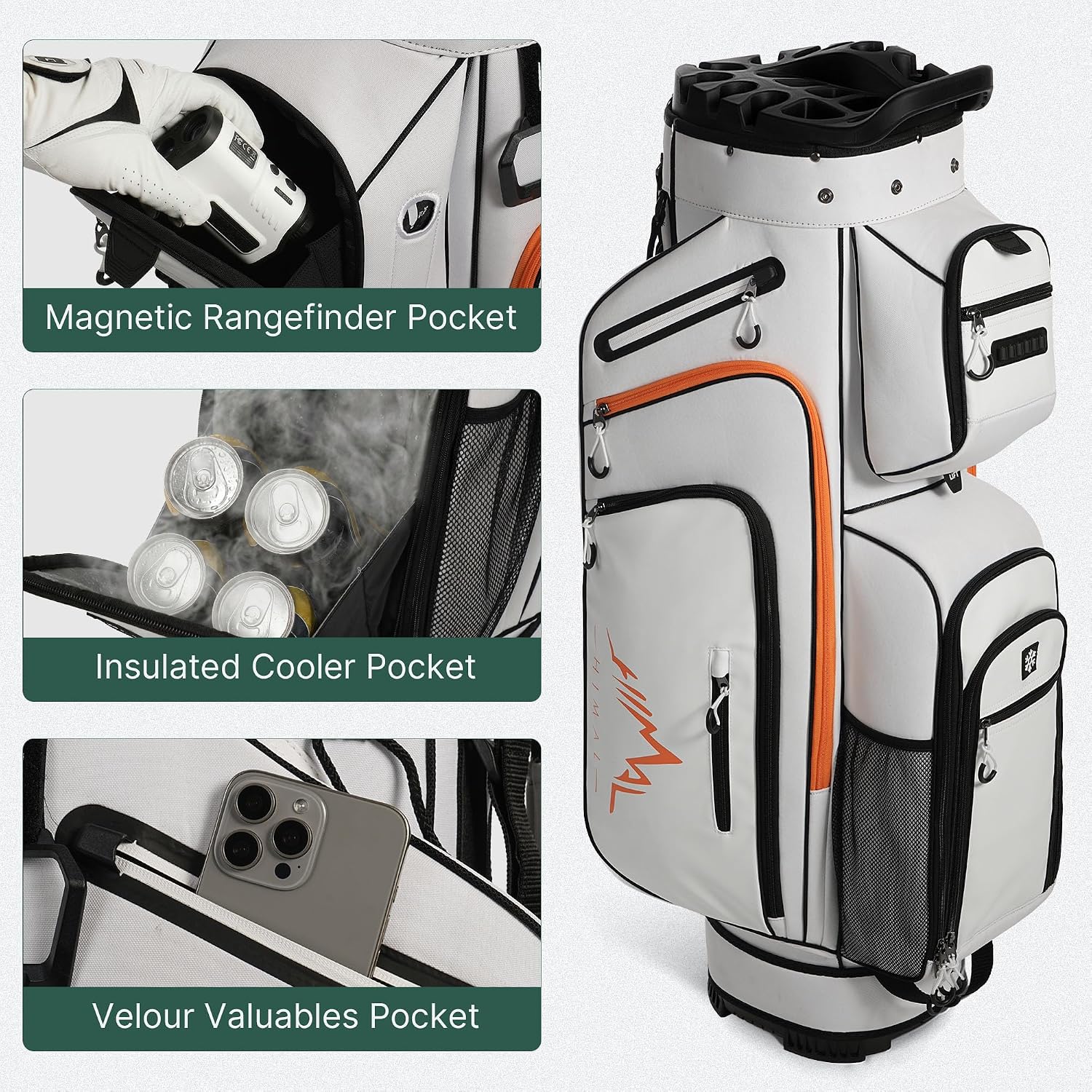 uniHimal Golf Cart Bag with 14-Way Full-Length Dividers, Golf Bag for Men Women with Magnetic Leather Pocket, Handles and Rain Cover, Lightweight Golf Club Bag Includes Cooler Pockets
