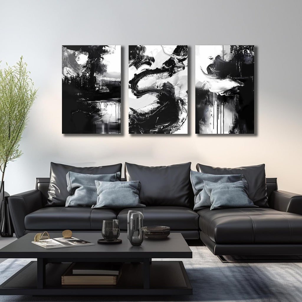 DNIEOTU Abstract Canvas Wall Art for Living Room, Black and White Wall-Decor for Bedroom, Modern Ink - Style Paintings for Hallway Office, Size 24 x 36 Inches 3-Piece