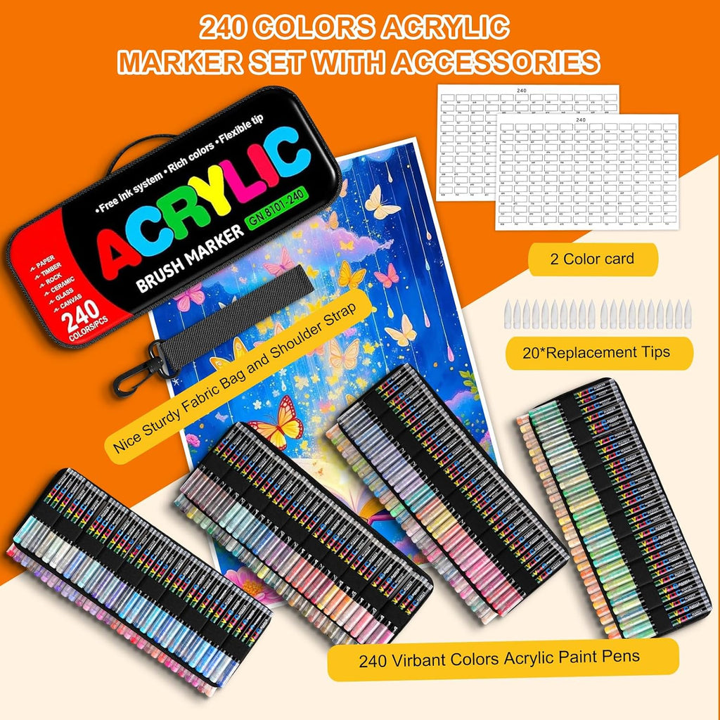 288 Colors Soft Brush Tip Acrylic Markers Set, Paint Pens for Rock, Wood, Fabric, Canvas, Glass, DIY Crafts, Waterproof Paint Markers, Vibrant Acrylic Pens for Artists and Art Projects（BAG)