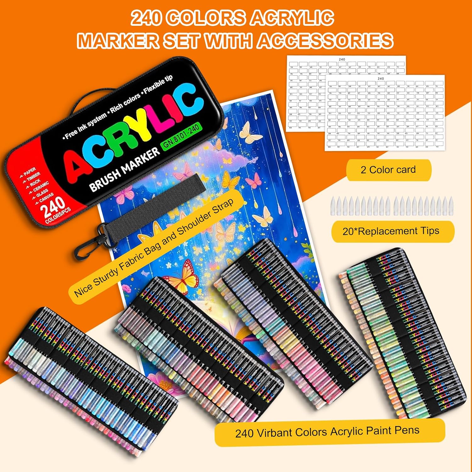 288 Colors Soft Brush Tip Acrylic Markers Set, Paint Pens for Rock, Wood, Fabric, Canvas, Glass, DIY Crafts, Waterproof Paint Markers, Vibrant Acrylic Pens for Artists and Art Projects（BAG)