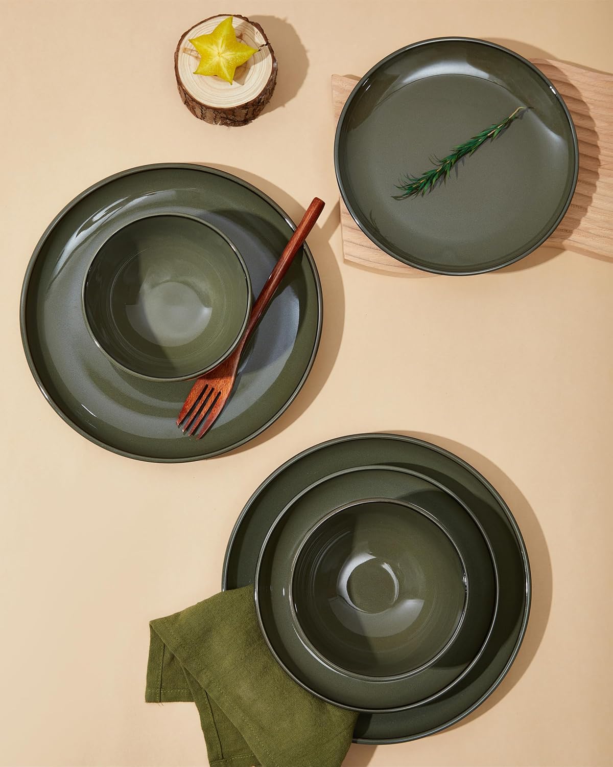 Pokini 24 Piece Dinnerware Set for 8, Santorini Mist Terracotta Plates and Bowls Sets, Complete Stoneware Dish Set for Large Families and Entertaining, Microwave & Dishwasher Safe, Blackish Green