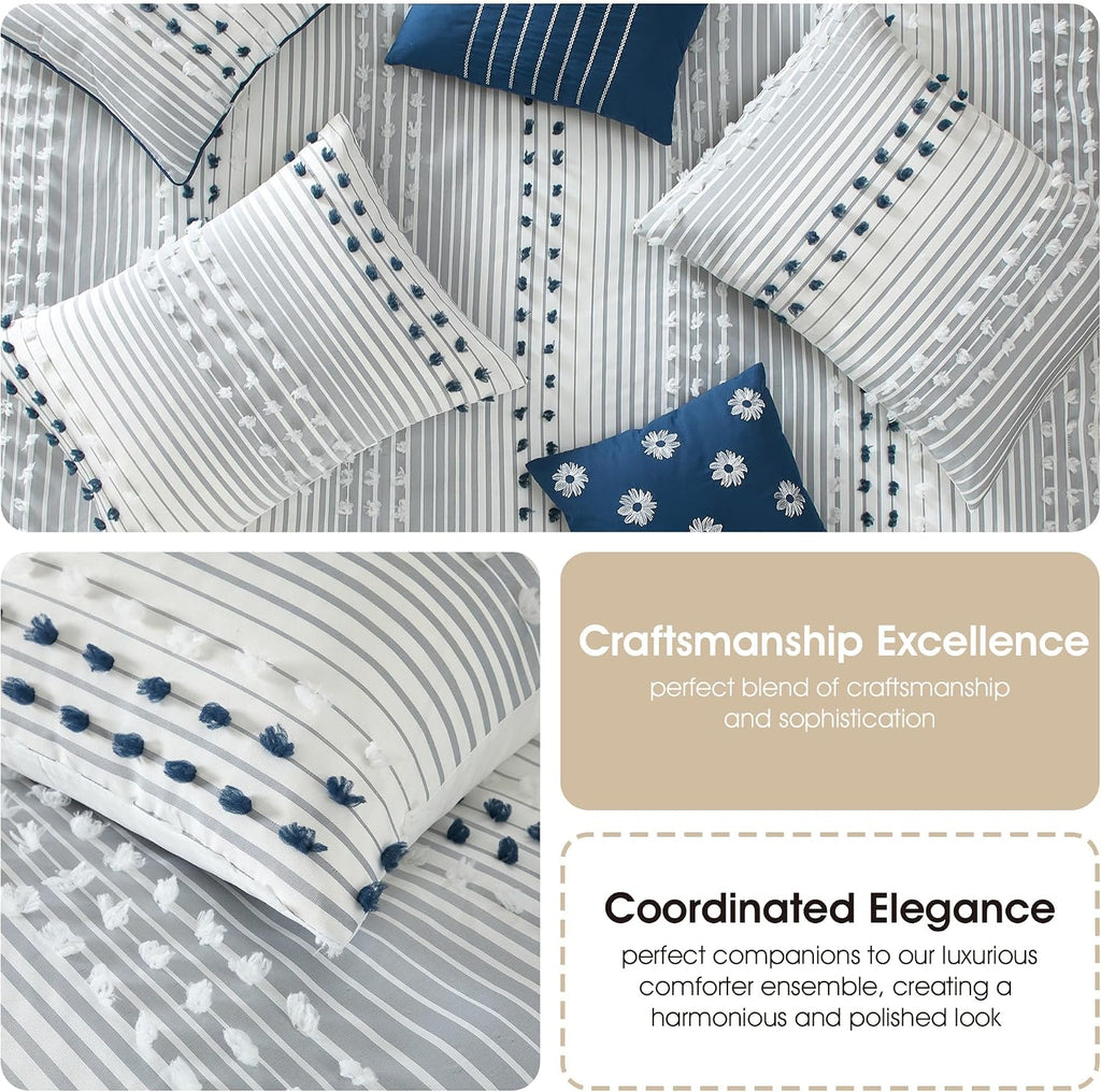 Stratford Park Blue Striped Dots Comforters Queen Size Set, 7 Piece, Jaquard & Clip Ultra Soft, Premium Microfiber, Bedskirt, Pillows & Shams, All Season Bedding Set