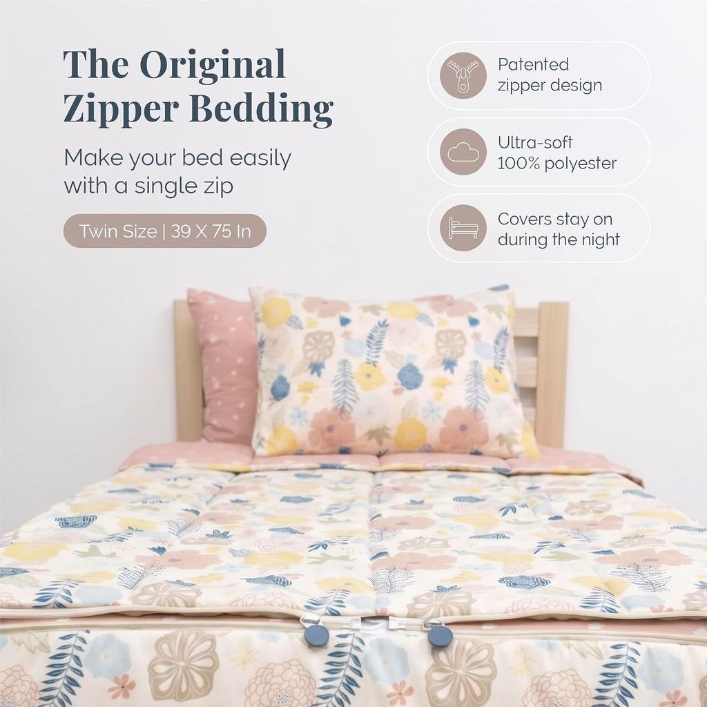 Beddy's Flower Blossoms Durable Zipper Bedding for Kids - Bed in a Bag - Pink Floral Sheets and Comforter - Includes Pillowcase & Sham - Easy to Make & Wash - Twin