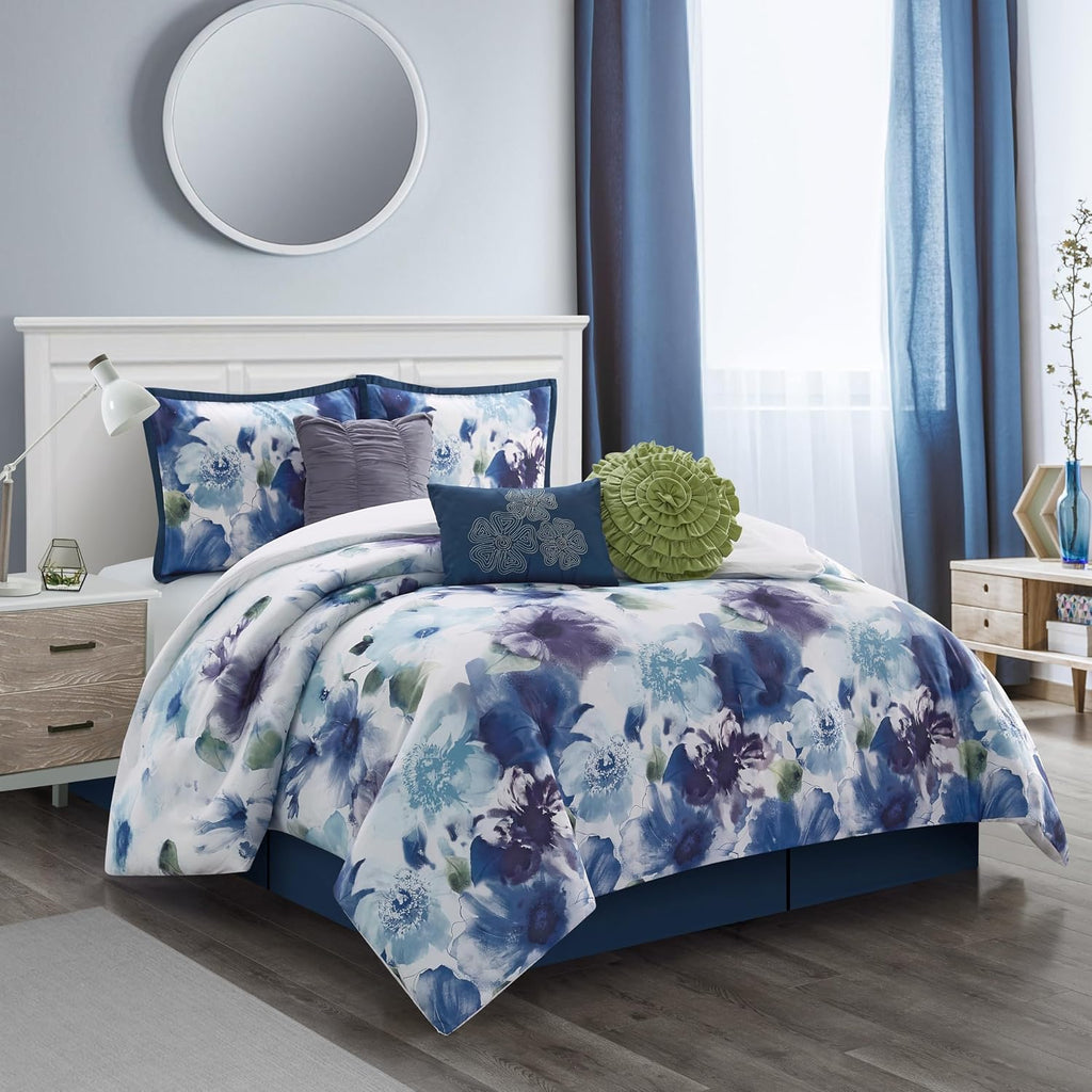 Stratford Park Colorful 7 Piece Comforter Set, Blue/Purple, Bed Size California King, Wonderful, Matching Bedskirt, Pillows & Shams
