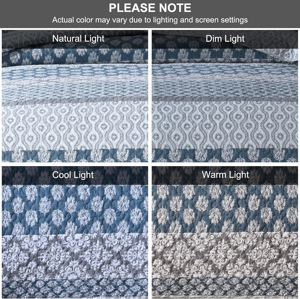 SahSahCasa Quilt King Size, King Quilt Set, 100% Cotton Floral Quilt, King Quilt Bedding Set Bedspreads, Patchwork Reversible Lightweight Comforter Bed Spread for All Season, Blue/Gray, 3 Pieces