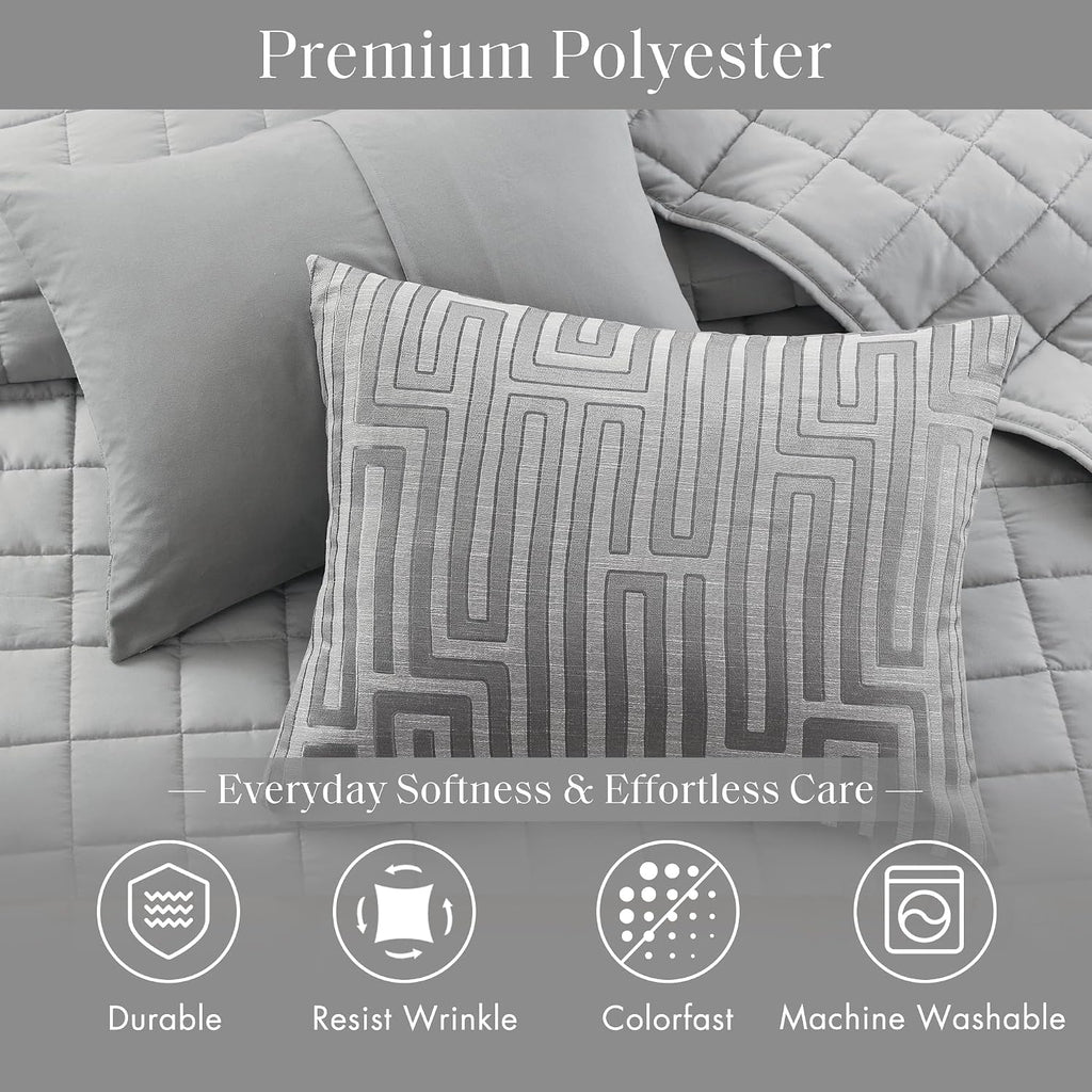 Madison Park Queen Comforter Set Jacquard Metallic Thread Comforters Queen Size Bed, All Season Comforter & Quilt Bedding Set Queen Size Comforter, Decor Pillows, Shams, Royce, Queen Grey 5 Piece