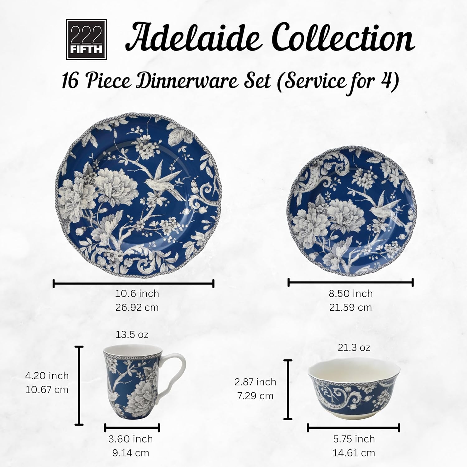 222 Fifth Adelaide 16-Piece Dark Blue Porcelain Dinnerware Set – Service for 4, Plate, Bowl & Mug Set, Bird & Floral Design, Everyday Big Dinner Plates and Bowls Sets, Microwave & Dishwasher Safe
