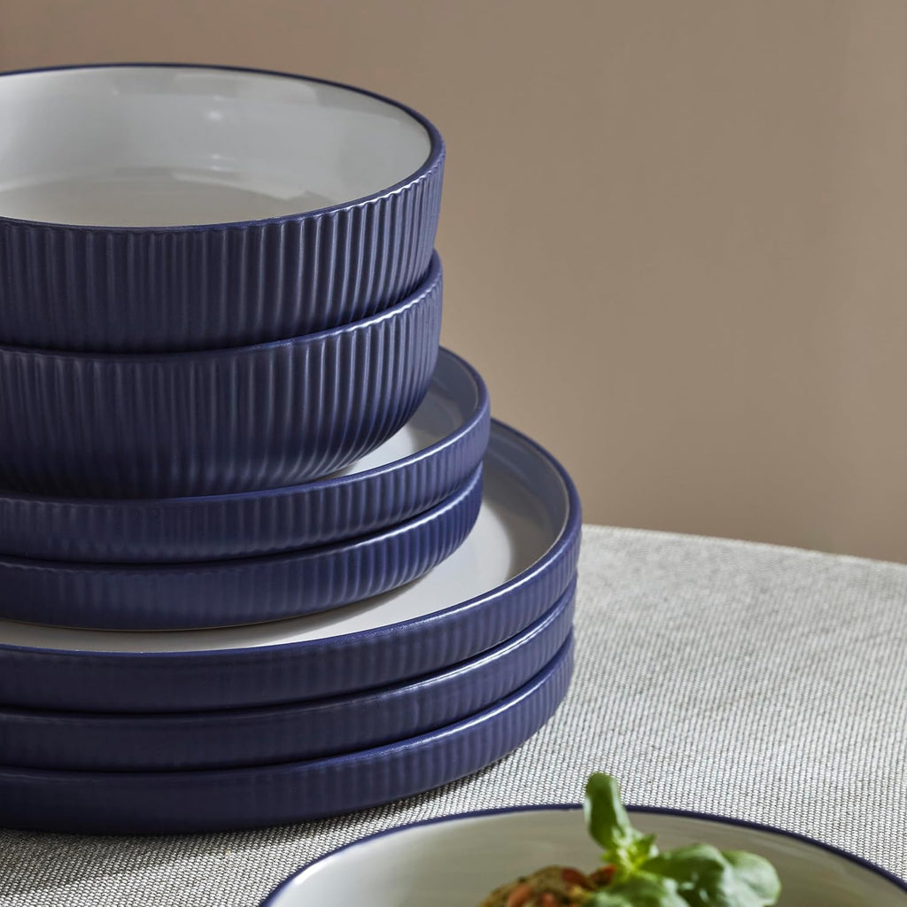 Christian Siriano Laro 12-Piece Stoneware Dinnerware Set, Plates and Bowls Set, Microwave and Dishwasher Safe, Dish Set for 4, Dark Blue