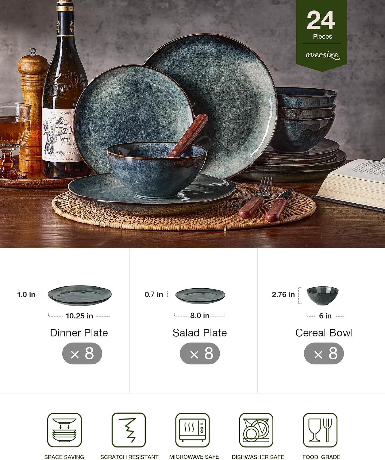Famiware Dinnerware Sets for 8, Ocean Round 24-Piece Kitchen Plates and Bowls Sets, Microwave and Dishwasher Safe, Scratch Resistant, Deep Forest