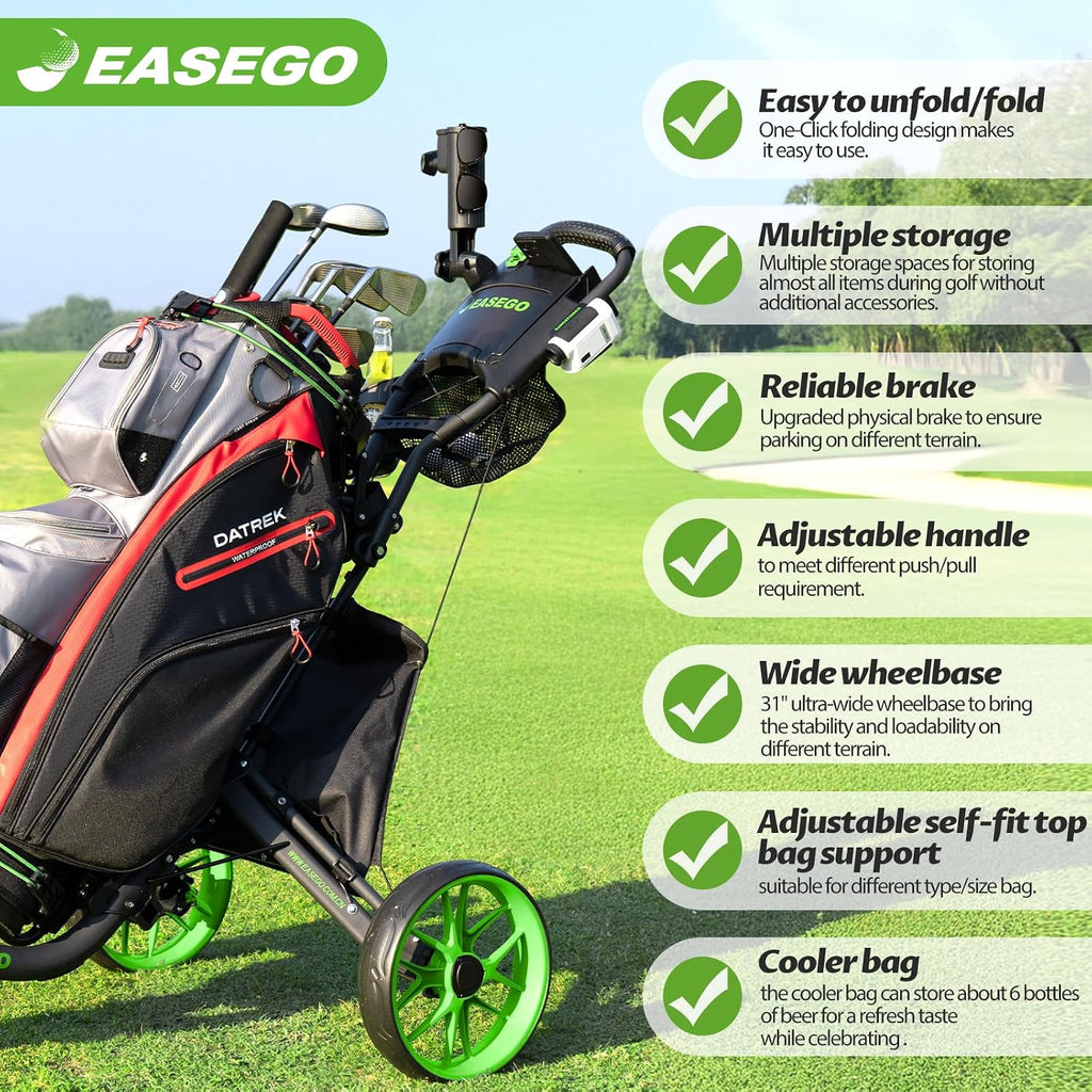 EASEGO Golf Push Cart 3 Wheel : Golf Bag Cart Foldable with Phone Holder/Cup/Umbrella Holder Compact Golf Pull Carts Quick Fold Golf Caddy Push Carts with Large Wheelbase for Different Terrain