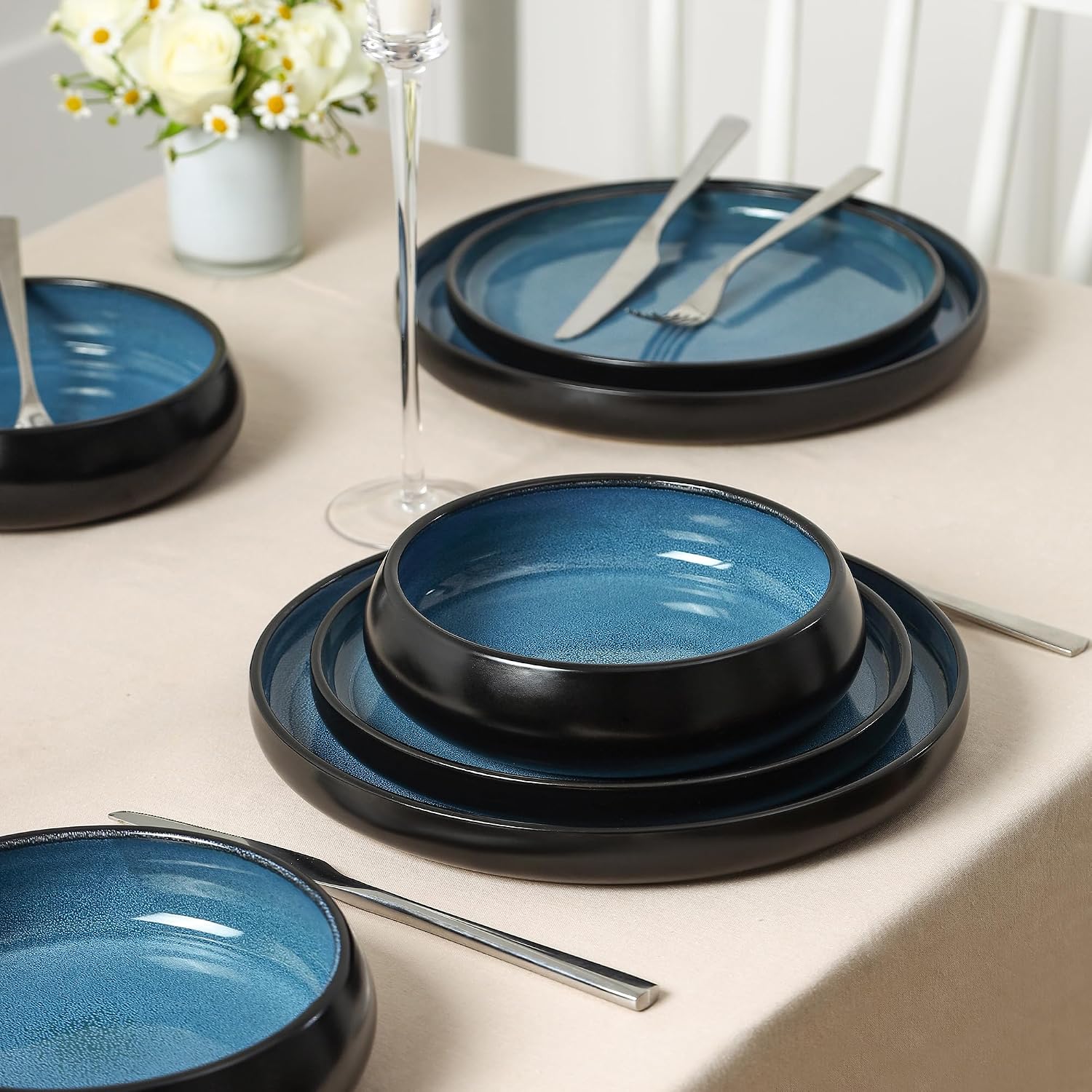 Stone Lain Lagoon 24-Piece Stoneware Dinnerware Set – Plates & Bowls Service for 8, Blue, Microwave & Dishwasher Safe, Durable Modern Ceramic Tableware for Everyday Dining & Entertaining