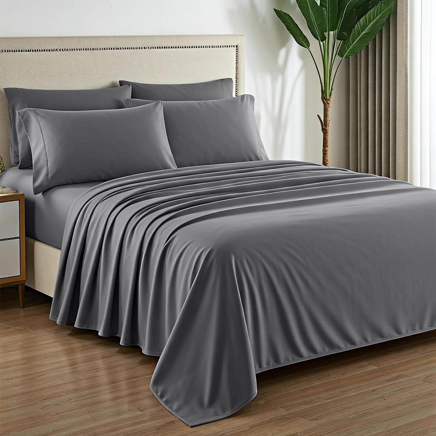 Mayfair Linen 100% Pure Egyptian Cotton Sheet King Size - Luxury 1000 Series Grandiose Collection King Size Sheets Set (6 PC, Dark Grey), 16' Deep Pocket Sateen Weave Soft Cooling Hotel Bed Sheets Set