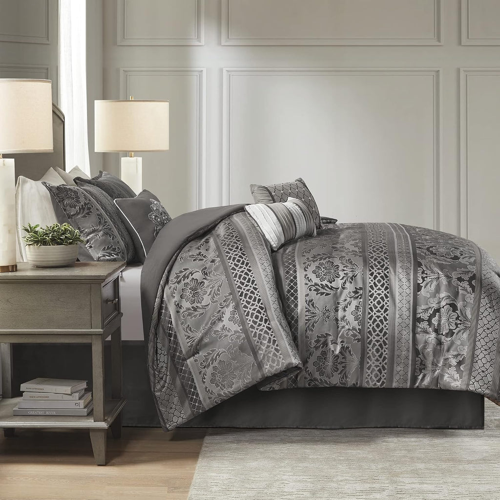 Madison Park Bellagio Cozy Comforter Set - Luxurious Jaquard Traditional Damask Design, All Season Down Alternative Bedding with Matching Shams, Decorative Pillow, Cal King(104'x92'), Grey 7 Piece