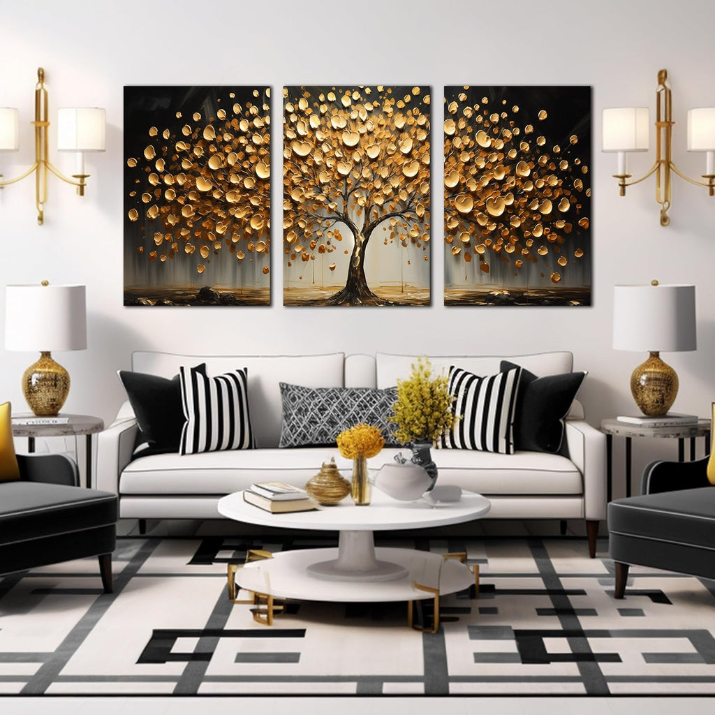Gold Tree Wall Decor for Living Room Tree of Life Canvas Wall Art for Office Large Bedroom Decor Above Bed 24 x 36 Inch x 3 Pieces