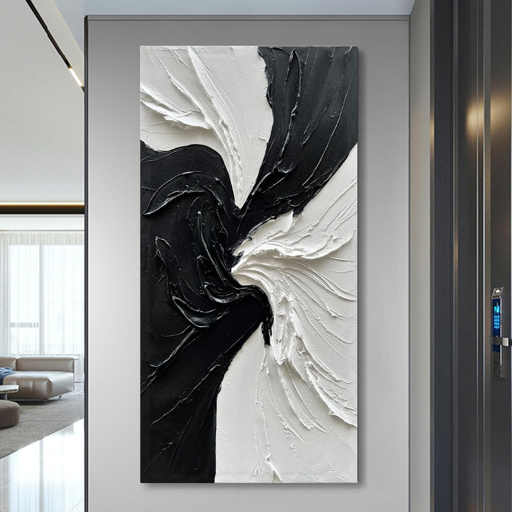 Art Hand-Painted White and Black Texture Abstract Art Oil Painting Modern Minimalist Art Painter Living Office Corridor Wall Art Deco 48x24 inches