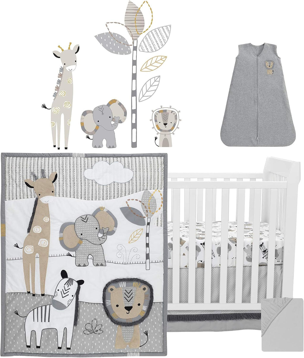 Lambs & Ivy Jungle Safari Gray/Tan/White Nursery 6-Piece Baby Crib Bedding Set