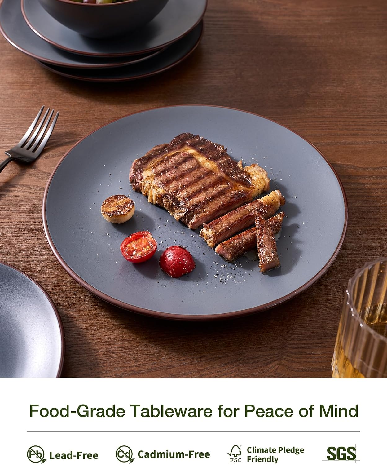 Famiware Venus Plates and Bowls Sets with Trim, 24 Pieces Speckled Stoneware Dinnerware Set for 8, Matte Charcoal - Microwave & Dishwasher Safe, Modern Minimalist, Dishes for Everyday & Formal Dining