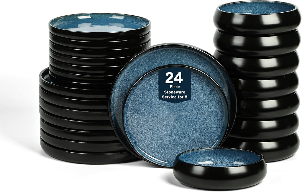Stone Lain Lagoon 24-Piece Stoneware Dinnerware Set – Plates & Bowls Service for 8, Blue, Microwave & Dishwasher Safe, Durable Modern Ceramic Tableware for Everyday Dining & Entertaining