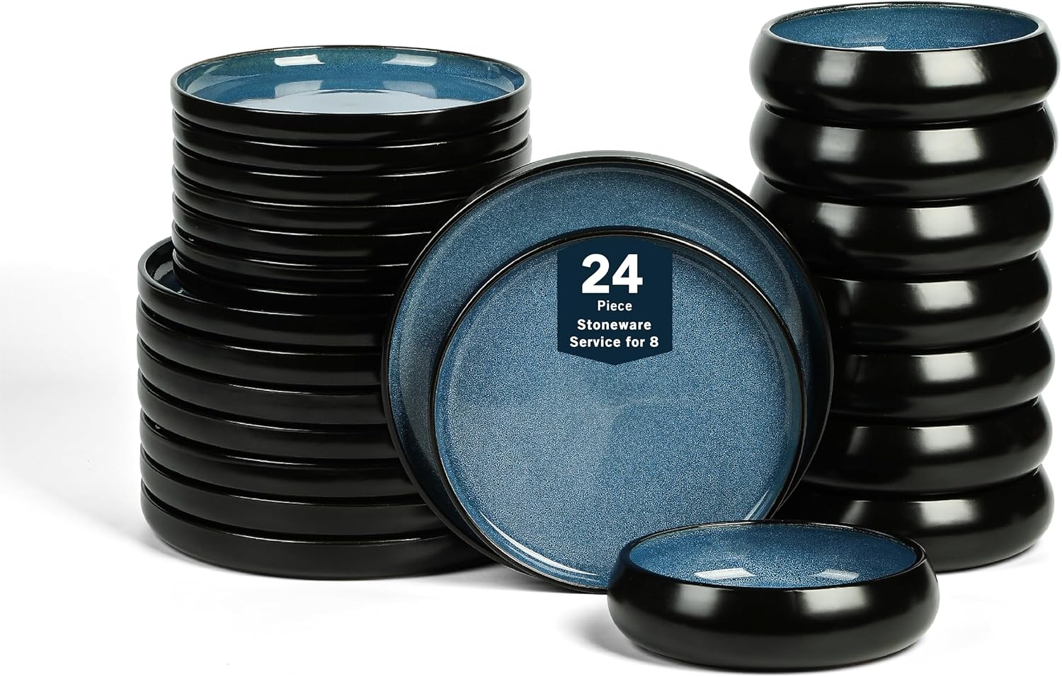Stone Lain Lagoon 24-Piece Stoneware Dinnerware Set – Plates & Bowls Service for 8, Blue, Microwave & Dishwasher Safe, Durable Modern Ceramic Tableware for Everyday Dining & Entertaining