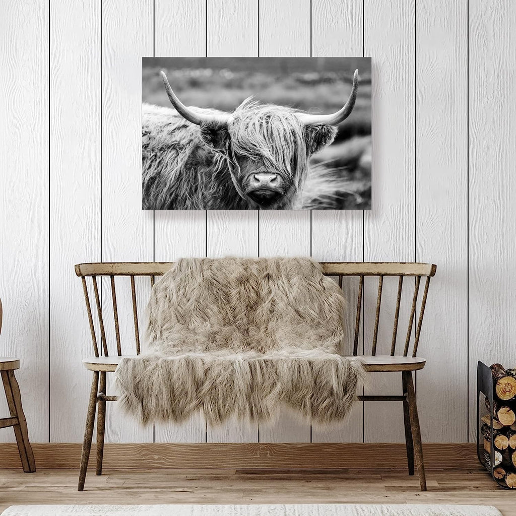 SEVEN WALL ARTS Scottish Highland Cow Canvas Wall Art Black and White Wall Decor Cattle Picture Print Photography Wildlife Animal Portrait Framed Farmhouse Artwork for Living Room Bedroom Office Decor