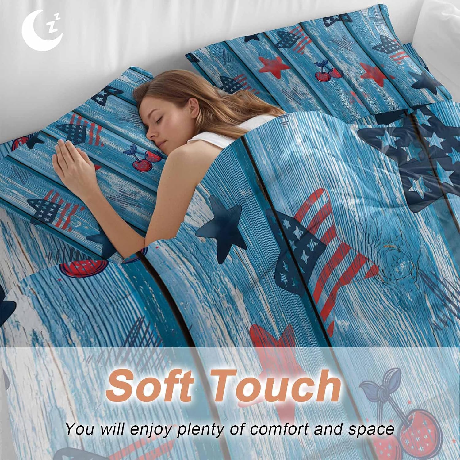 Independence Day Duvet Cover Set Queen Size 4 Pieces Graffiti Five-Pointed Star Blue Wood Grain Bedding Set with Zipper Closure, 1 Comforter Cover 90x92 Inches 1 Flat Sheet & 2 Pillow Cases