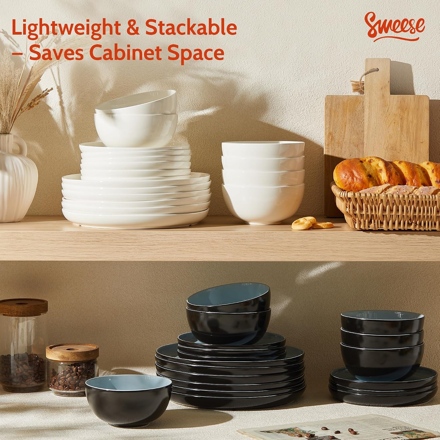 Sweese Porcelain Dinnerware Set of 6, Lightweight Round Plates and Bowls Set - Dishwasher, Microwave, Oven Safe, Scratch Resistant Dinner Sets, Kitchen Dishes Set, Black & Blue