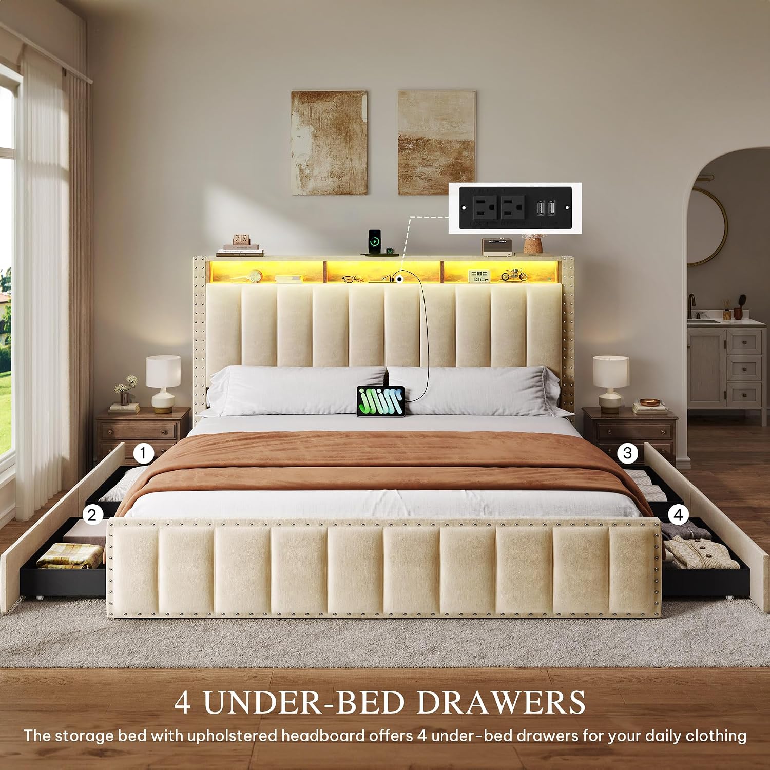 YITAHOME Full Size Bed Frame with 4 Storage Drawers and RGB LED Lights, Velvet Upholstered Platform Bed with Charging Station and Storage Headboard, No Box Spring Needed, Easy Assembly, Beige