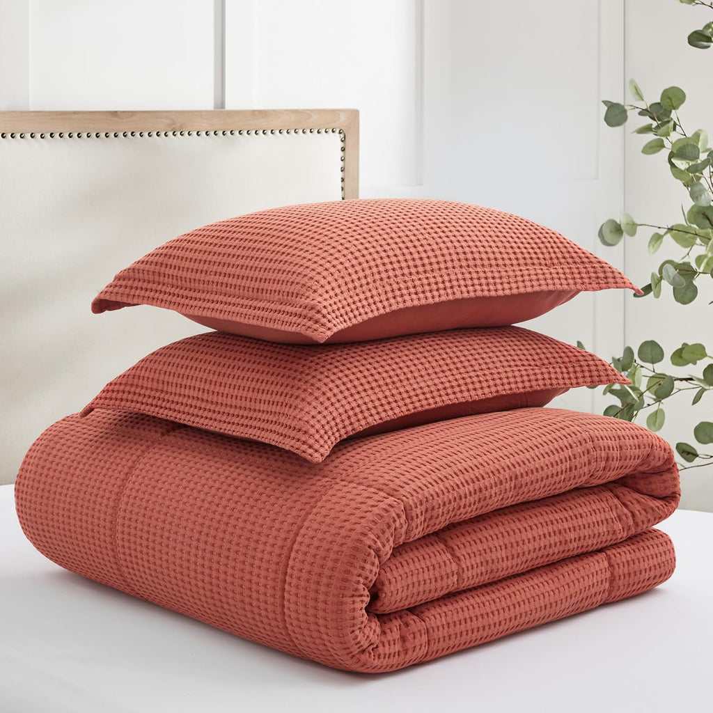 Levtex Home Mills Waffle Full/Queen Comforter Set (90x94in) with 2 Pillow Shams (26x20in) - Adobe - 100% Cotton Full/Queen Size Comforter Set - Soft, Pre-Washed