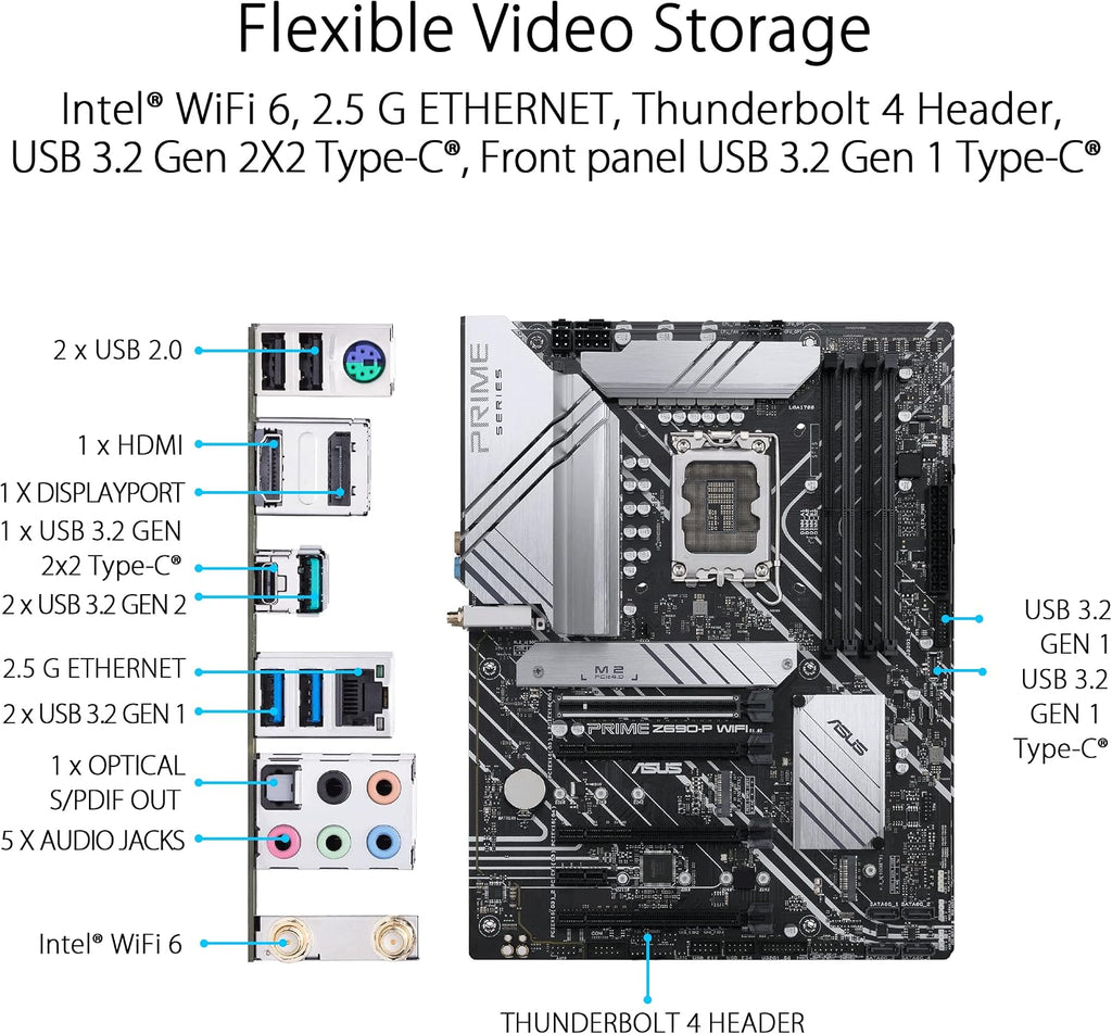ASUS Prime Z690-P WiFi LGA1700(Intel 12th Gen) ATX Motherboard (PCIe 5.0,DDR5,14+1 Power Stages,3X M.2,WiFi 6,BT v5.2,2.5Gb LAN,Front Panel USB 3.2 Gen 1 Type-C,Thunderbolt 4 Support, Arua Sync)
