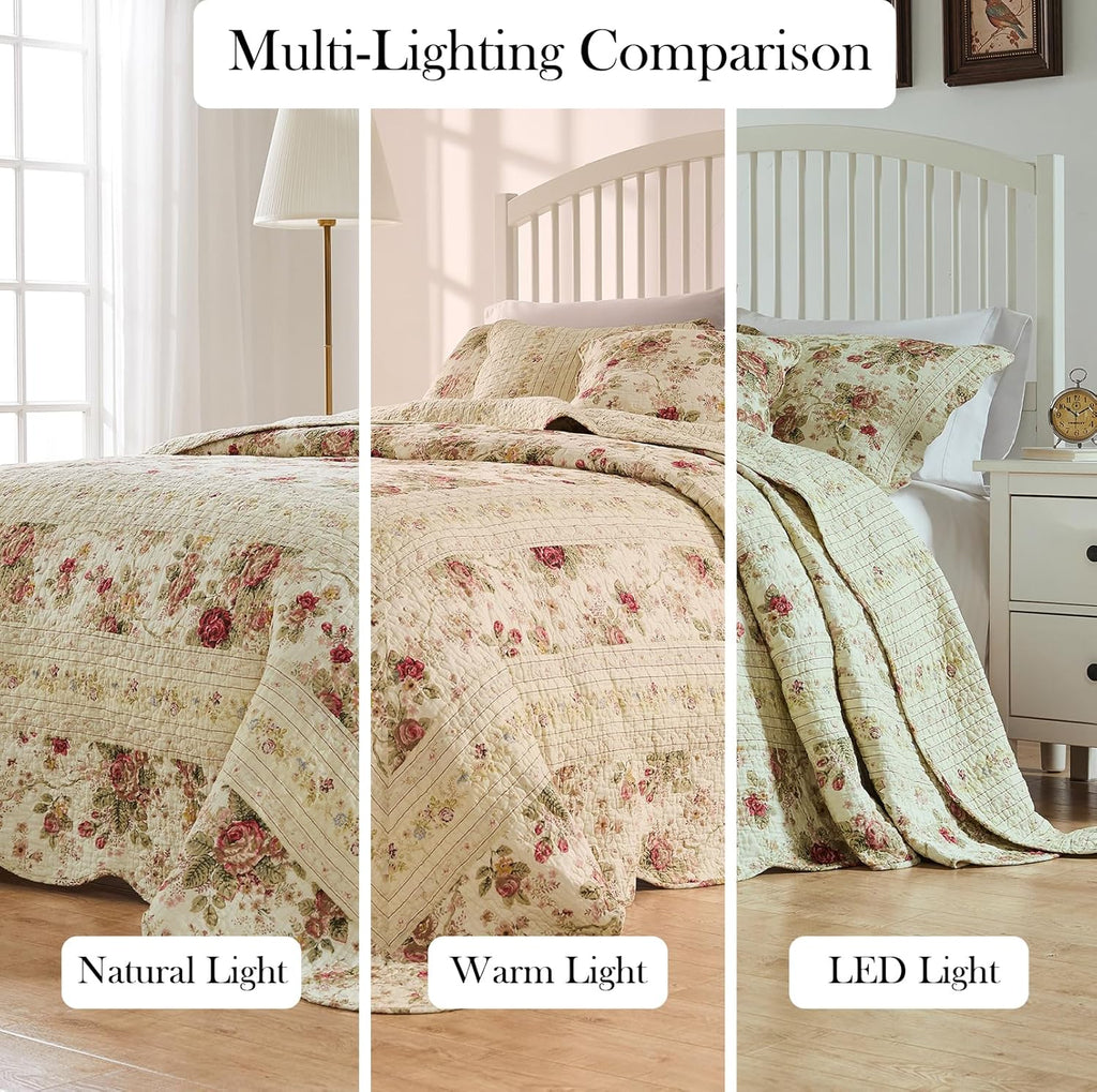 Greenland Home Antique Rose Jumbo Oversized 100% Cotton Bedding Set, Bedspread 120 W x 118 L with 2 Shams 20 W x 26 L Each, King (3 Piece), Ecru